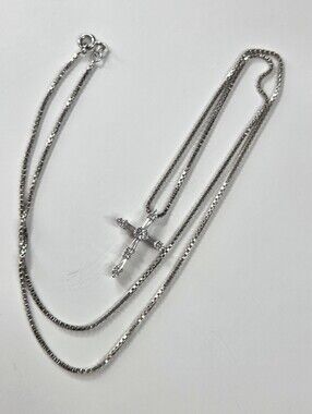 Sterling Silver Cross Pendant Necklace religious christianty aprox 30in cz stone